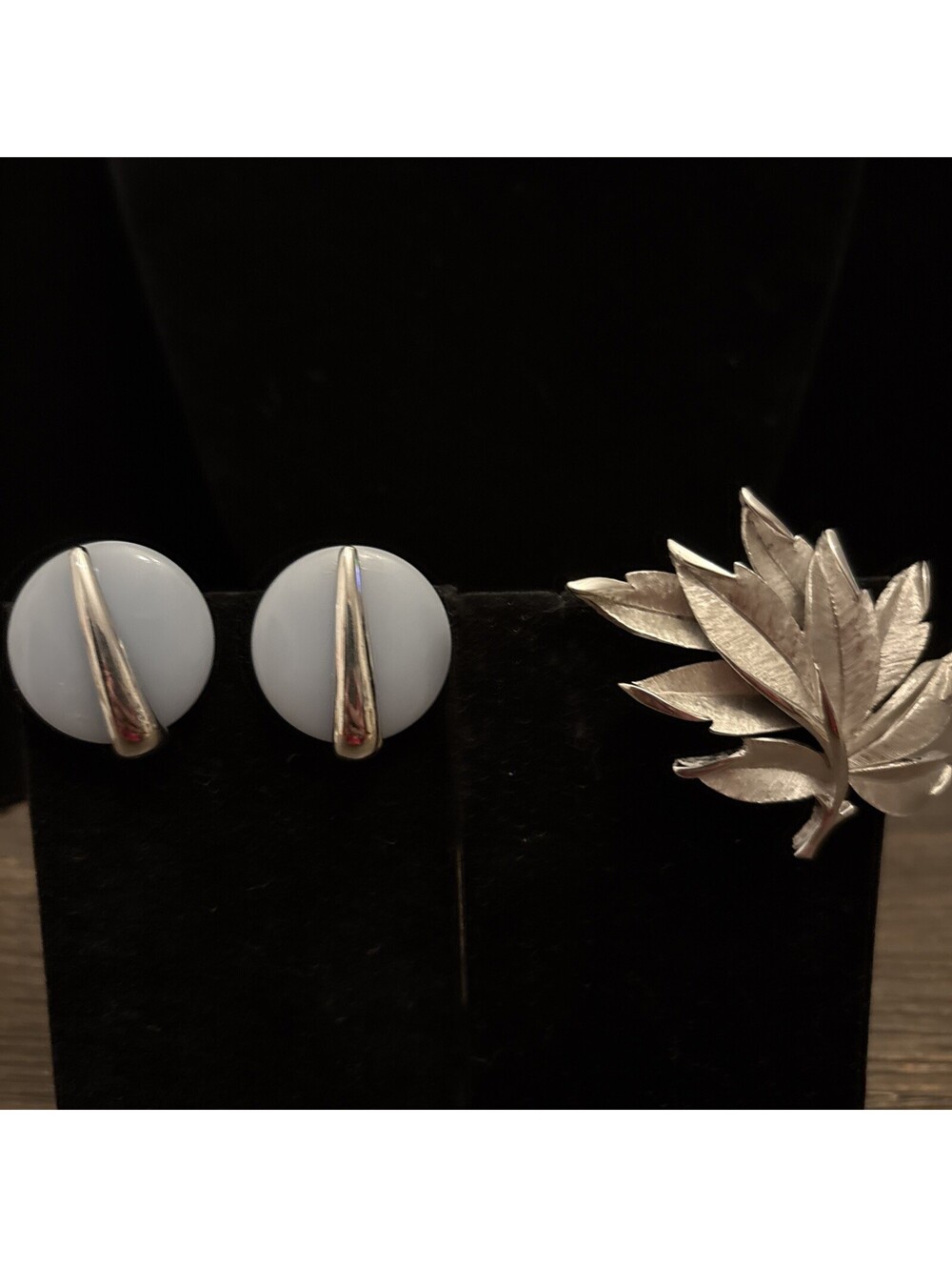 Crown Trifari Clip Earrings And Leaf Brooch Silver Tone